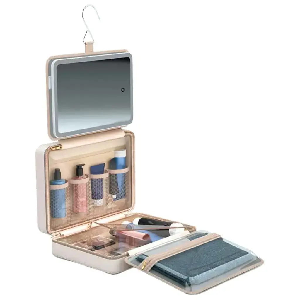Porodo Lifestyle Portable Waterproof Cosmetic Travel PU Bag with Led Mirror- Beige PDLFSTLC0459BG