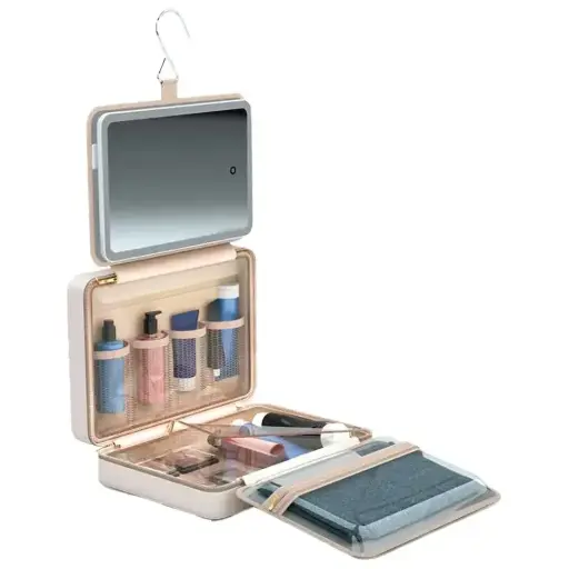 [PDLFSTLC0459BG] Porodo Lifestyle Portable Waterproof Cosmetic Travel PU Bag with Led Mirror- Beige PDLFSTLC0459BG